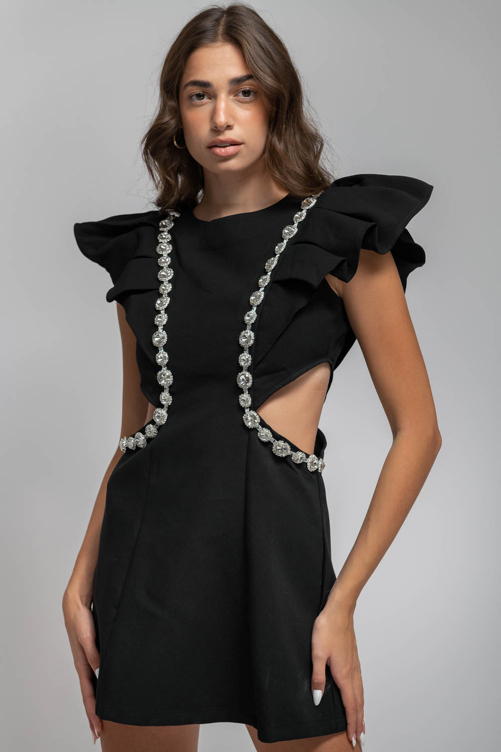 Vestido Elegante com Detalhes em Diamante - Preto