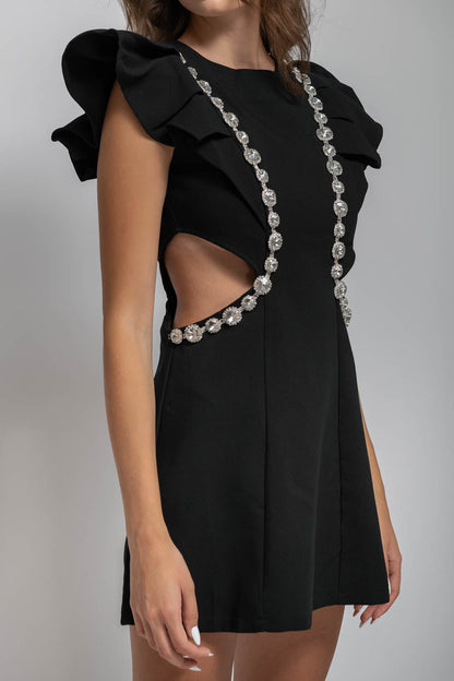 Vestido Elegante com Detalhes em Diamante - Preto