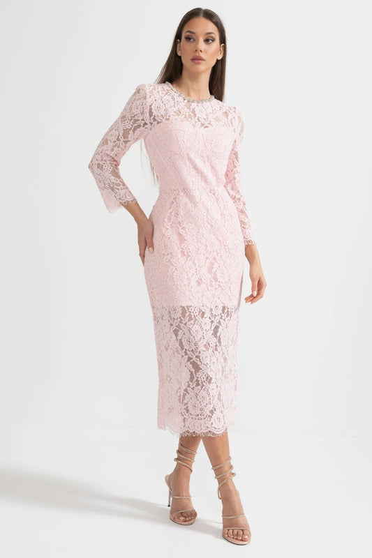 Vestido Elegante de Renda de Manga Longa com Cinto Correspondente - Rosa