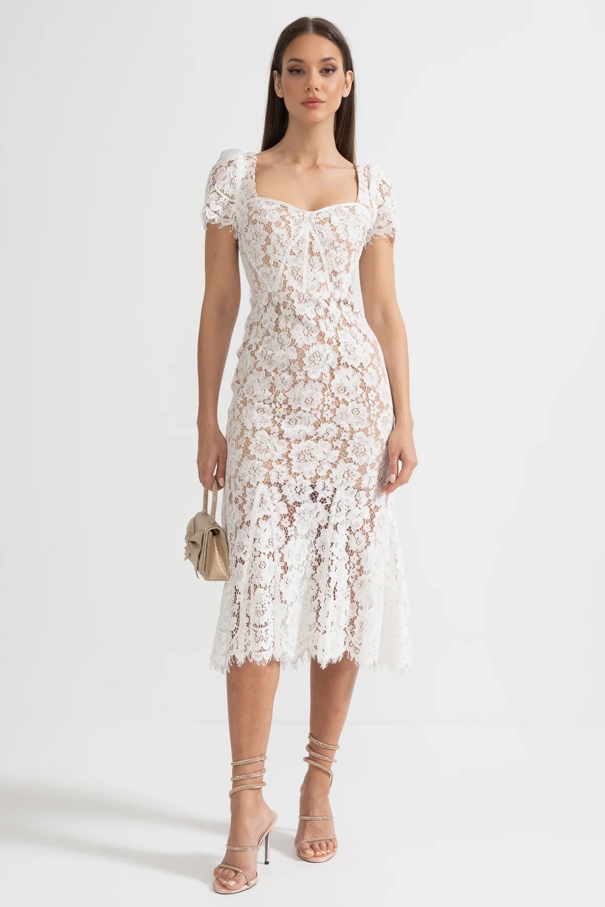 Vestido de Renda de Manga Curta com Cinto Delicado a Condizer - Branco