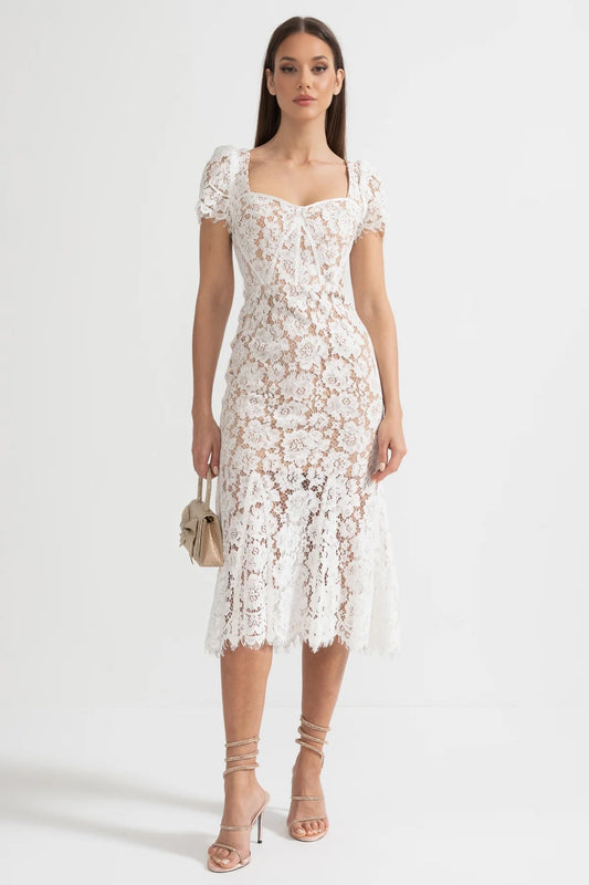 Vestido de Renda de Manga Curta com Cinto Delicado a Condizer - Branco
