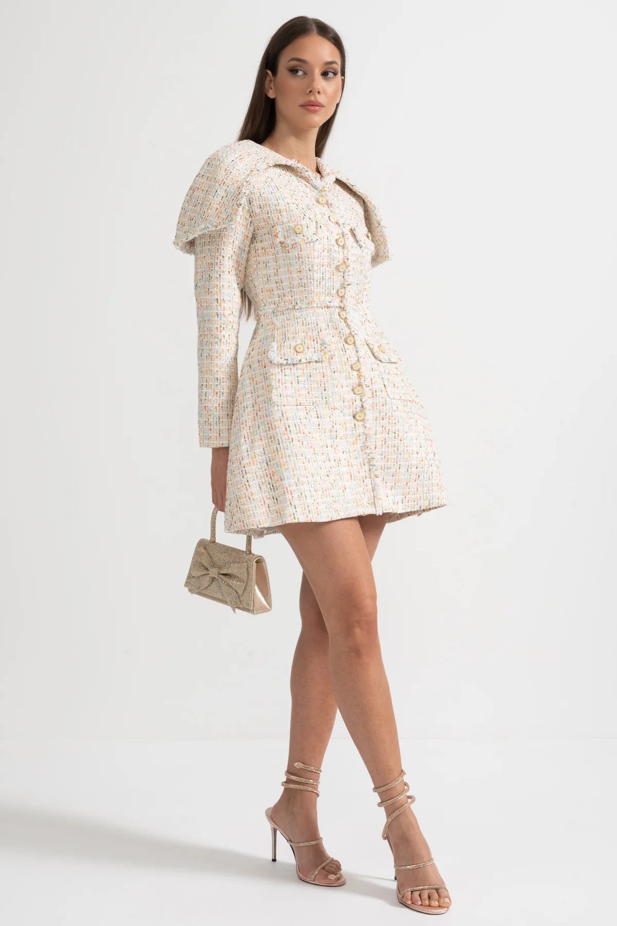 Vestido de Tweed Texturizado de Manga Longa com Lapas de Ombro Distintivas - Ivoire