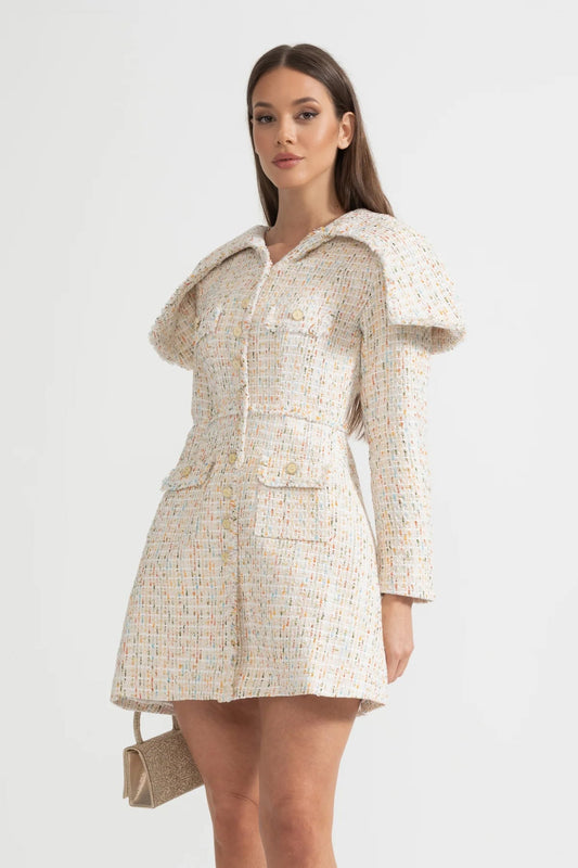Vestido de Tweed Texturizado de Manga Longa com Lapas de Ombro Distintivas - Ivoire