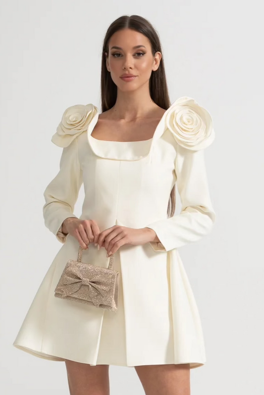 Vestido Mini Elegante Com Decote Quadrado, Apliques Florais 3D E Saia Larga - Ivoire
