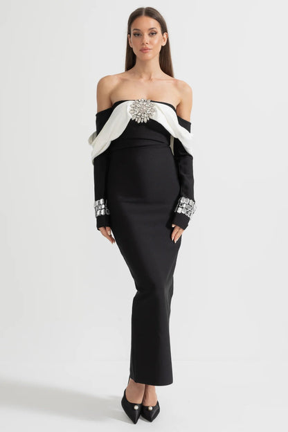Vestido Elegante Off Shoulder Com Bustier Contrastante E Apliques Brilhantes - Preto
