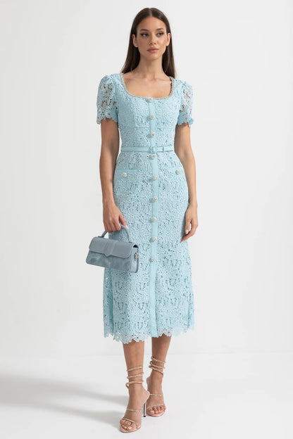 Vestido Midi de Renda Azul Delicada - Azul Bebé