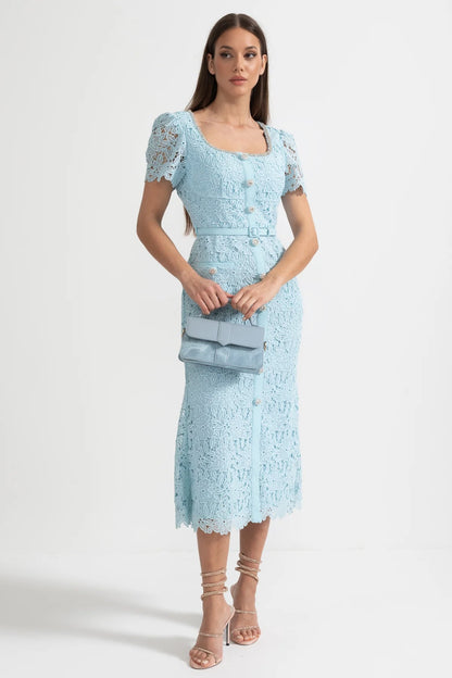 Vestido Midi de Renda Azul Delicada - Azul Bebé