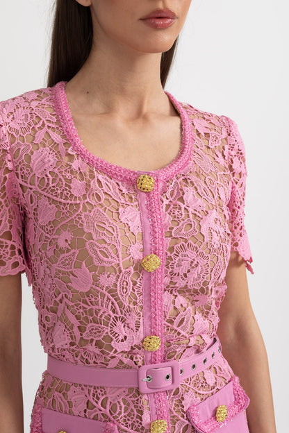 Exquisito Vestido Midi de Renda com Mangas Curtas - Rosa