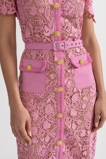 Exquisito Vestido Midi de Renda com Mangas Curtas - Rosa