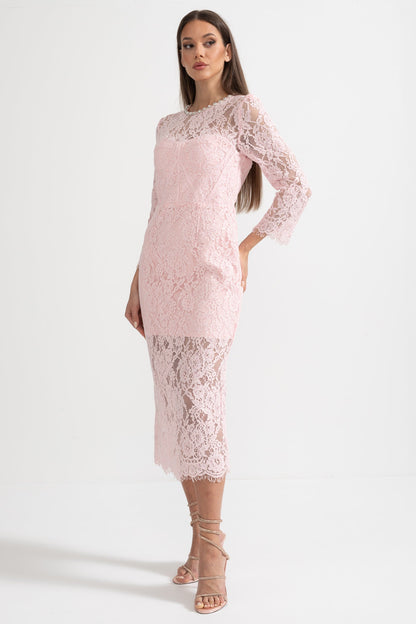 Vestido Elegante de Renda de Manga Longa com Cinto Correspondente - Rosa