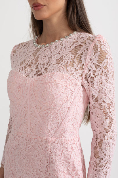 Vestido Elegante de Renda de Manga Longa com Cinto Correspondente - Rosa
