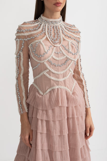 Vestido Elegante de Manga Longa com Saia em Camadas e Rendas Intricadas - Rosa