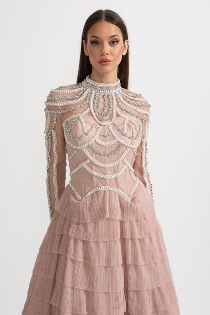 Vestido Elegante de Manga Longa com Saia em Camadas e Rendas Intricadas - Rosa