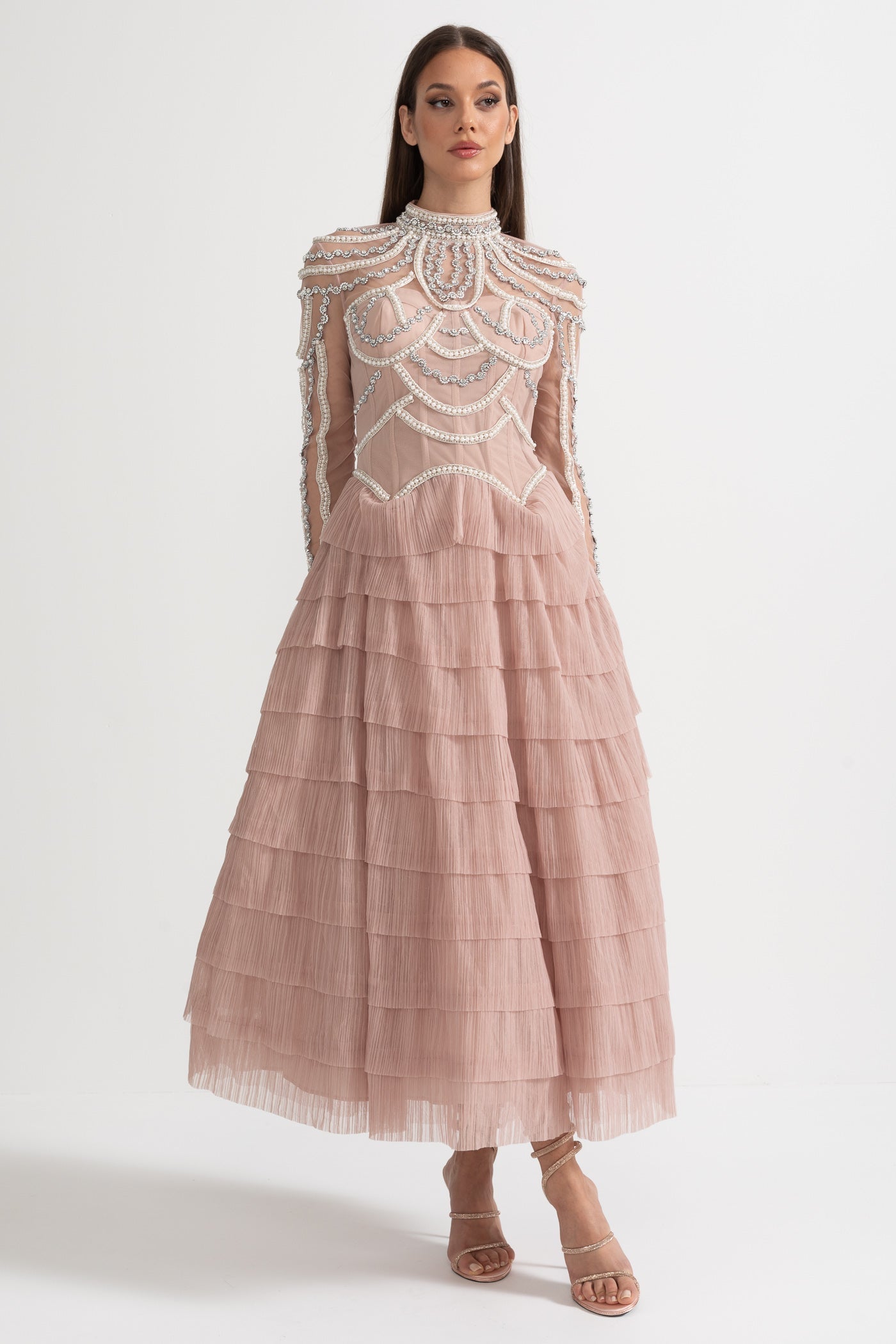 Vestido Elegante de Manga Longa com Saia em Camadas e Rendas Intricadas - Rosa