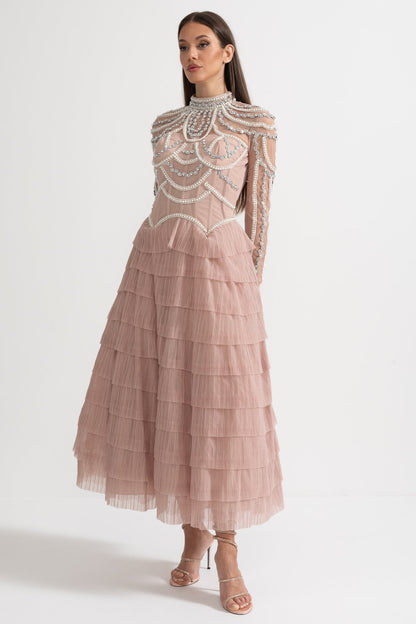 Vestido Elegante de Manga Longa com Saia em Camadas e Rendas Intricadas - Rosa