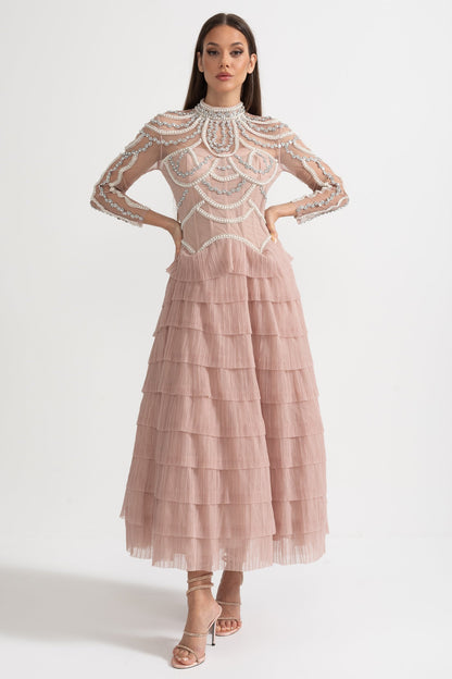Vestido Elegante de Manga Longa com Saia em Camadas e Rendas Intricadas - Rosa