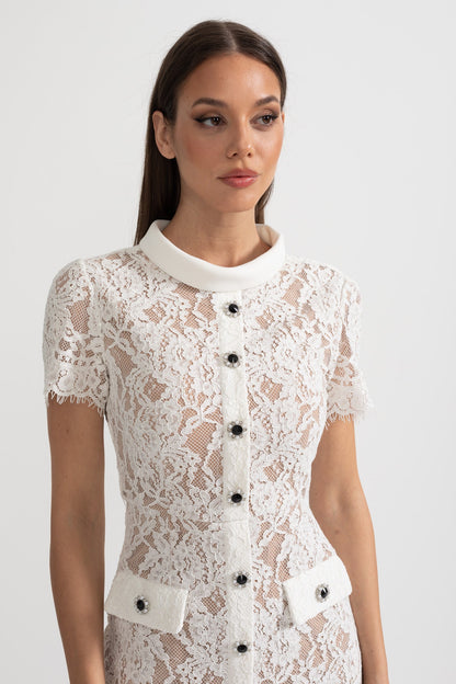 Vestido Elegante de Renda de Manga Curta com Cinto Coordenado - Branco