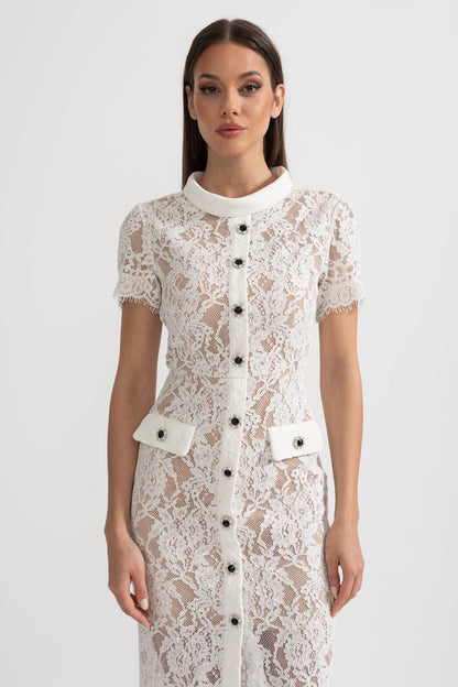 Vestido Elegante de Renda de Manga Curta com Cinto Coordenado - Branco