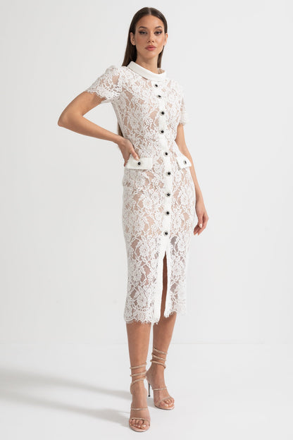 Vestido Elegante de Renda de Manga Curta com Cinto Coordenado - Branco