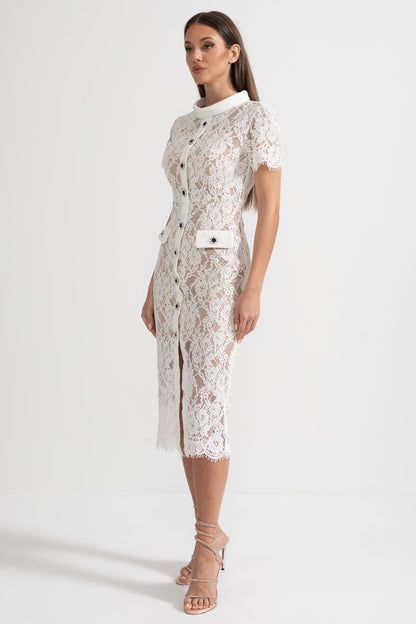 Vestido Elegante de Renda de Manga Curta com Cinto Coordenado - Branco