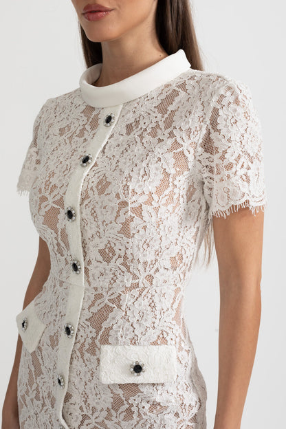 Vestido Elegante de Renda de Manga Curta com Cinto Coordenado - Branco
