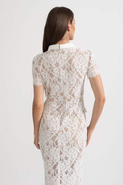 Vestido Elegante de Renda de Manga Curta com Cinto Coordenado - Branco