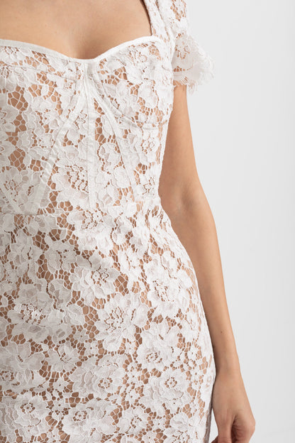 Vestido de Renda de Manga Curta com Cinto Delicado a Condizer - Branco