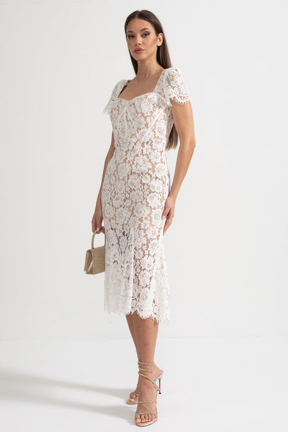 Vestido de Renda de Manga Curta com Cinto Delicado a Condizer - Branco