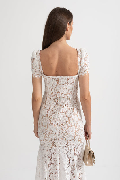 Vestido de Renda de Manga Curta com Cinto Delicado a Condizer - Branco