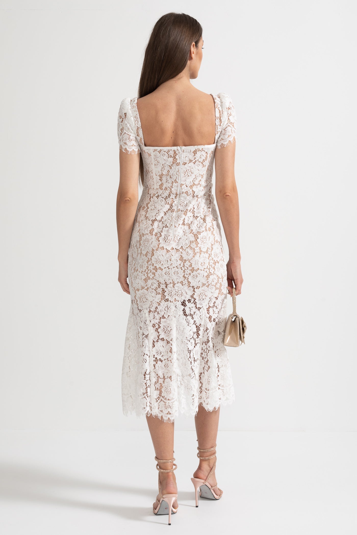 Vestido de Renda de Manga Curta com Cinto Delicado a Condizer - Branco