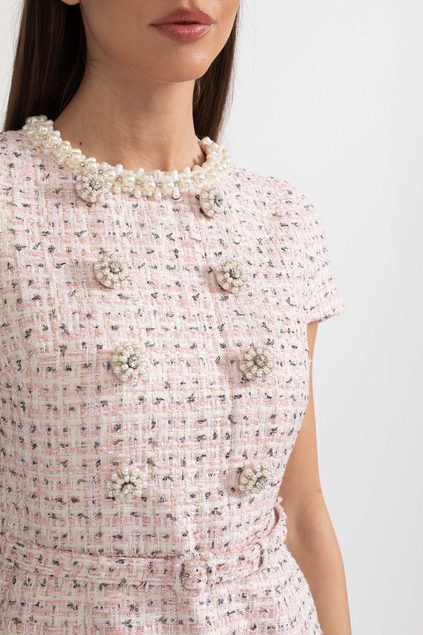 Vestido Mini Texturizado Elegante Com Mangas Curtas E Cinto Acondicionado - Rosa