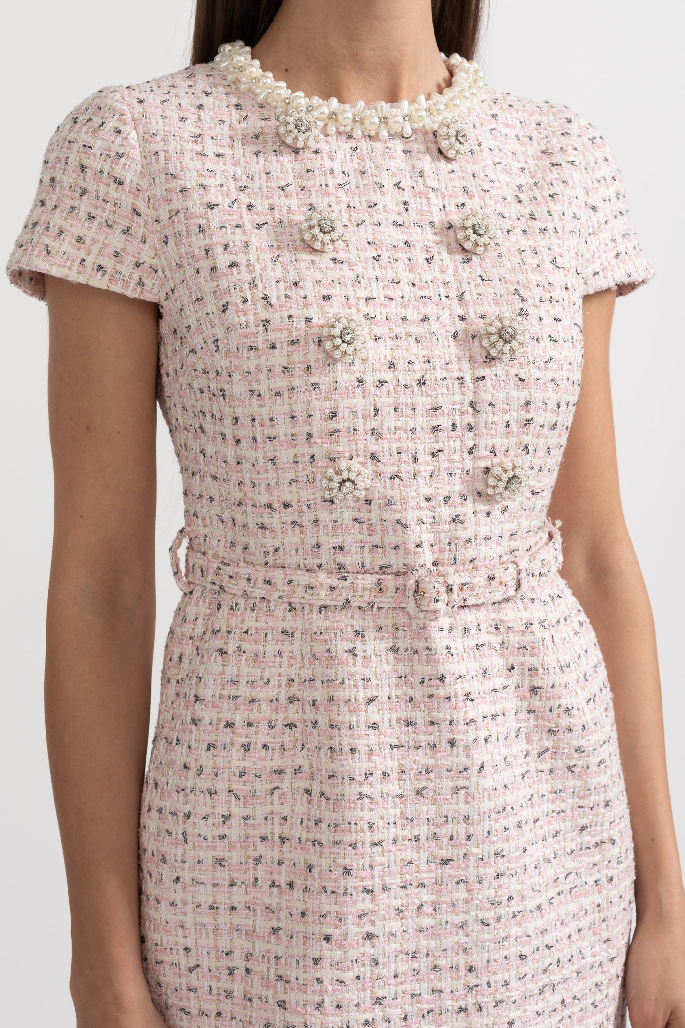 Vestido Mini Texturizado Elegante Com Mangas Curtas E Cinto Acondicionado - Rosa