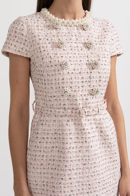 Vestido Mini Texturizado Elegante Com Mangas Curtas E Cinto Acondicionado - Rosa