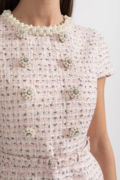 Vestido Mini Texturizado Elegante Com Mangas Curtas E Cinto Acondicionado - Rosa