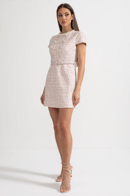 Vestido Mini Texturizado Elegante Com Mangas Curtas E Cinto Acondicionado - Rosa