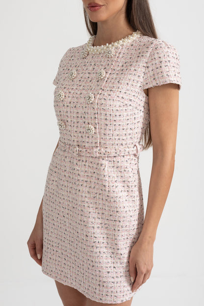 Vestido Mini Texturizado Elegante Com Mangas Curtas E Cinto Acondicionado - Rosa