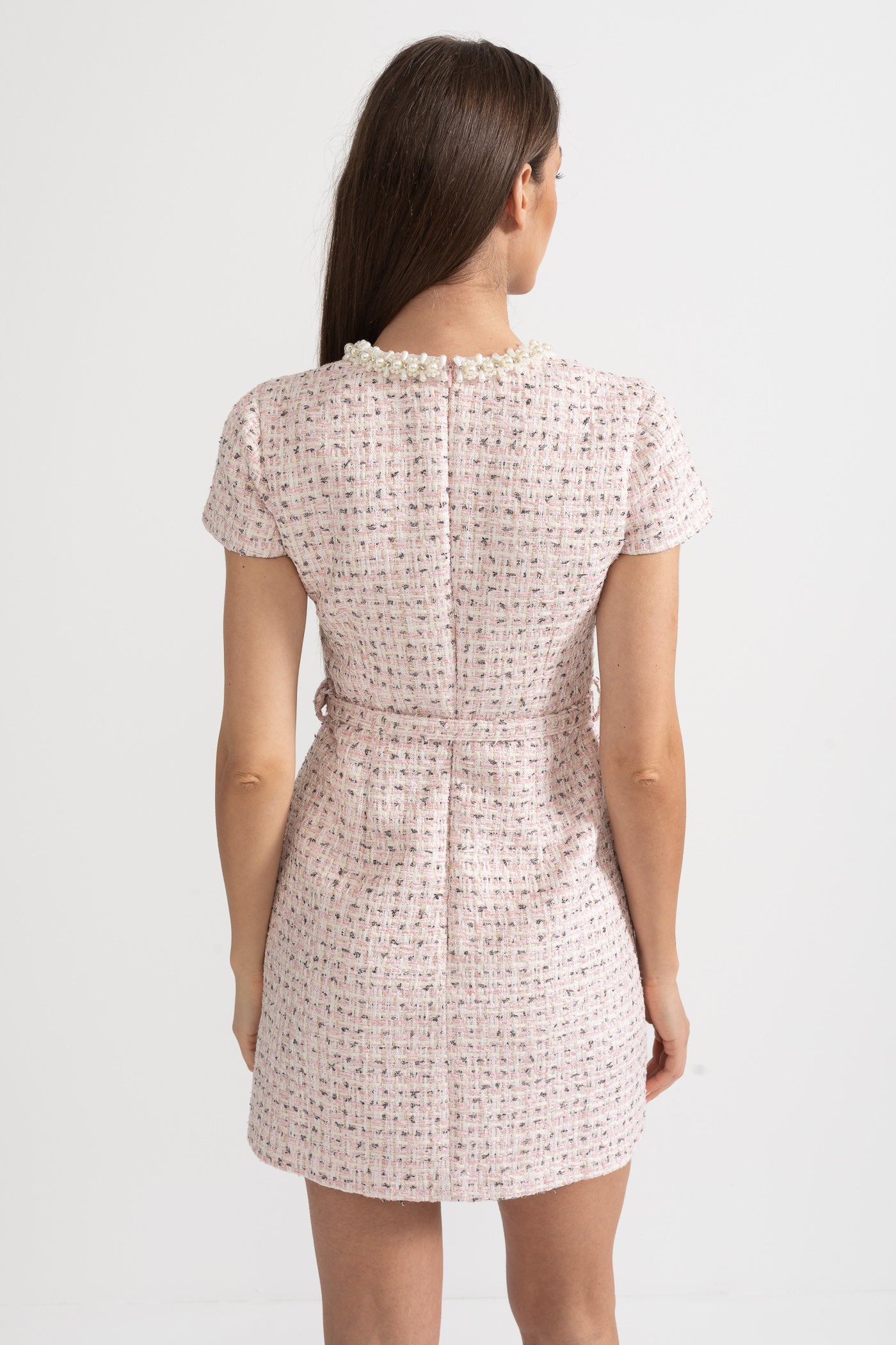 Vestido Mini Texturizado Elegante Com Mangas Curtas E Cinto Acondicionado - Rosa