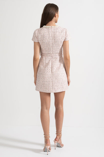 Vestido Mini Texturizado Elegante Com Mangas Curtas E Cinto Acondicionado - Rosa