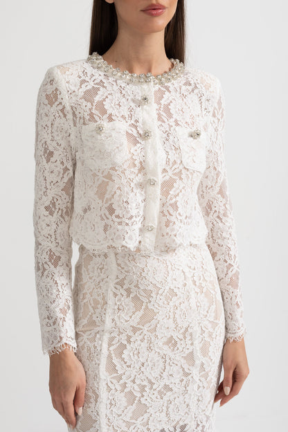 Conjunto de Renda com Detalhes Brilhantes no Decote e Saia Midi - Branco