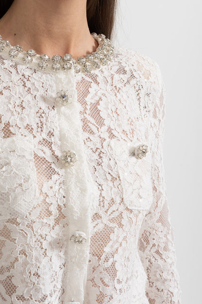 Conjunto de Renda com Detalhes Brilhantes no Decote e Saia Midi - Branco