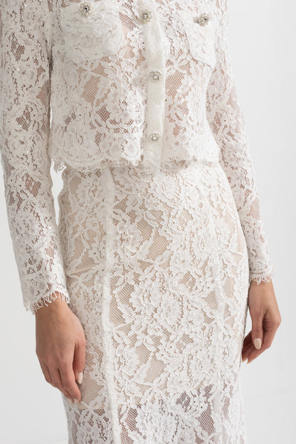 Conjunto de Renda com Detalhes Brilhantes no Decote e Saia Midi - Branco