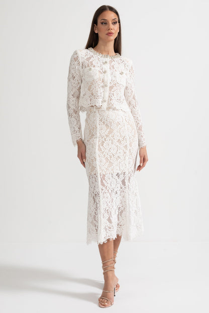 Conjunto de Renda com Detalhes Brilhantes no Decote e Saia Midi - Branco
