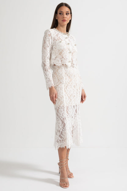 Conjunto de Renda com Detalhes Brilhantes no Decote e Saia Midi - Branco
