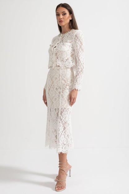 Conjunto de Renda com Detalhes Brilhantes no Decote e Saia Midi - Branco