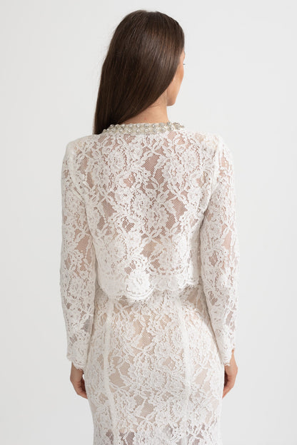 Conjunto de Renda com Detalhes Brilhantes no Decote e Saia Midi - Branco