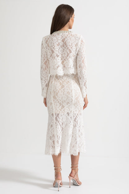Conjunto de Renda com Detalhes Brilhantes no Decote e Saia Midi - Branco
