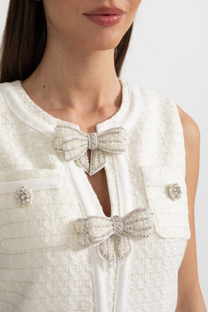 Vestido Texturizado Sem Mangas Com Laços Decorados em Metal - Branco