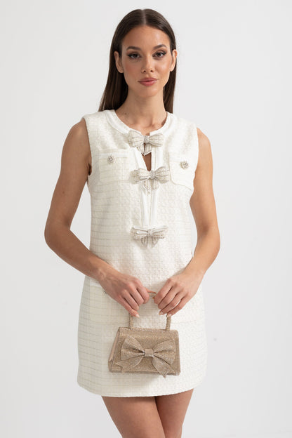 Vestido Texturizado Sem Mangas Com Laços Decorados em Metal - Branco