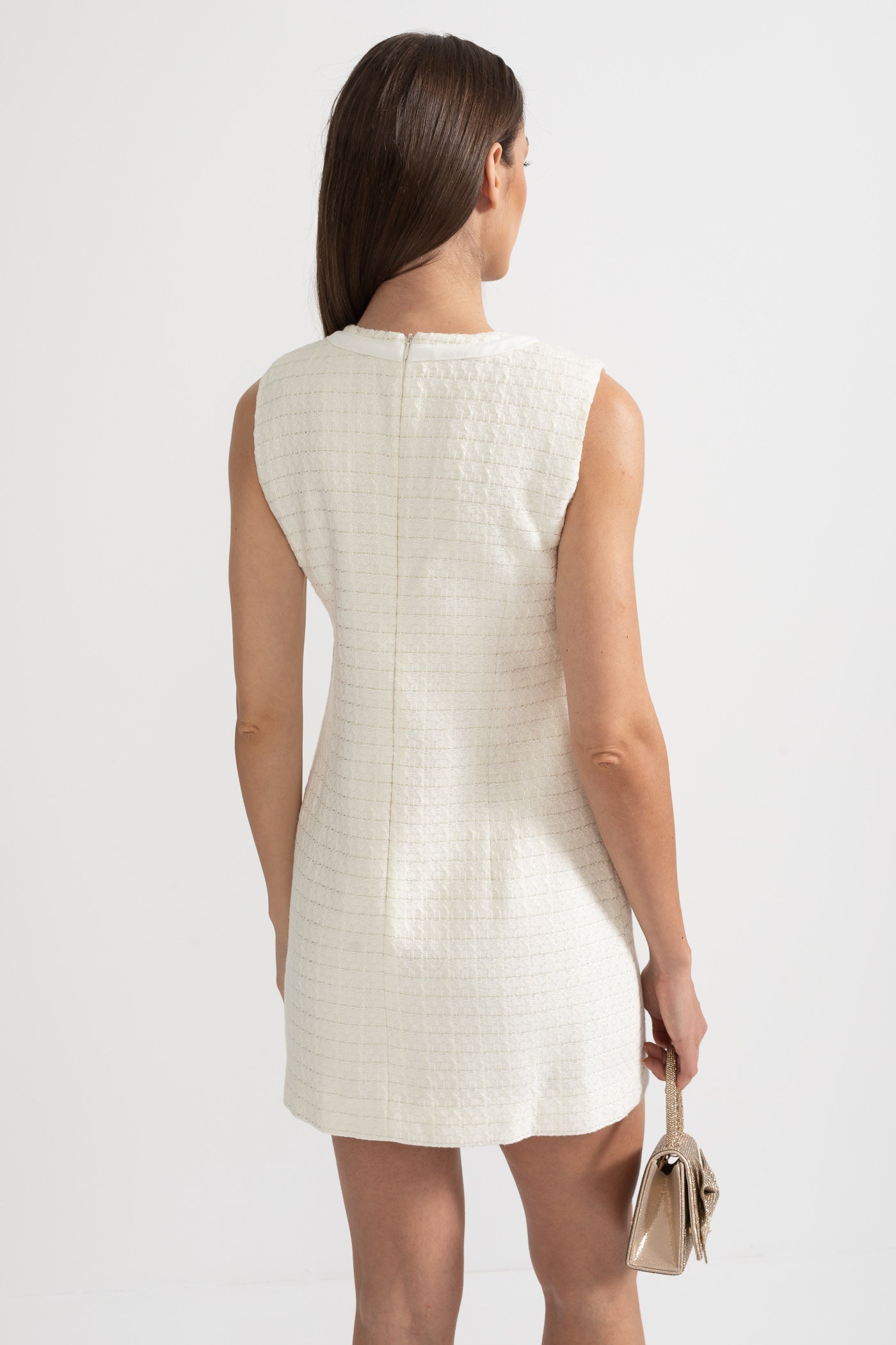 Vestido Texturizado Sem Mangas Com Laços Decorados em Metal - Branco
