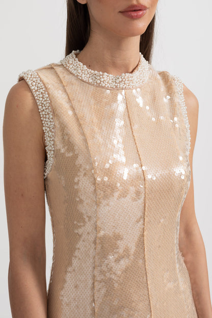 Vestido Elegante de Lantejoulas com Aplicações de Pérolas Brancas - Bege
